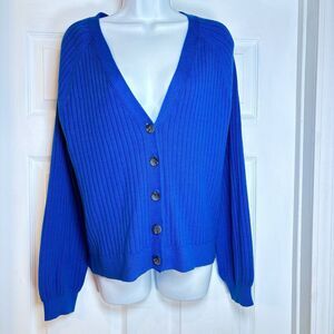 Talbots Cardigan Sweater Womens V Neck Sz M Ribbed Royal Blue Button Front‎ NWT